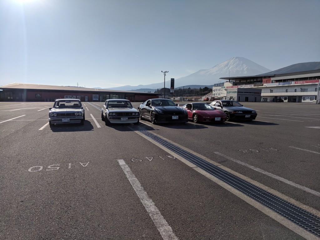 All the cars in our group, while Fuji looks on.